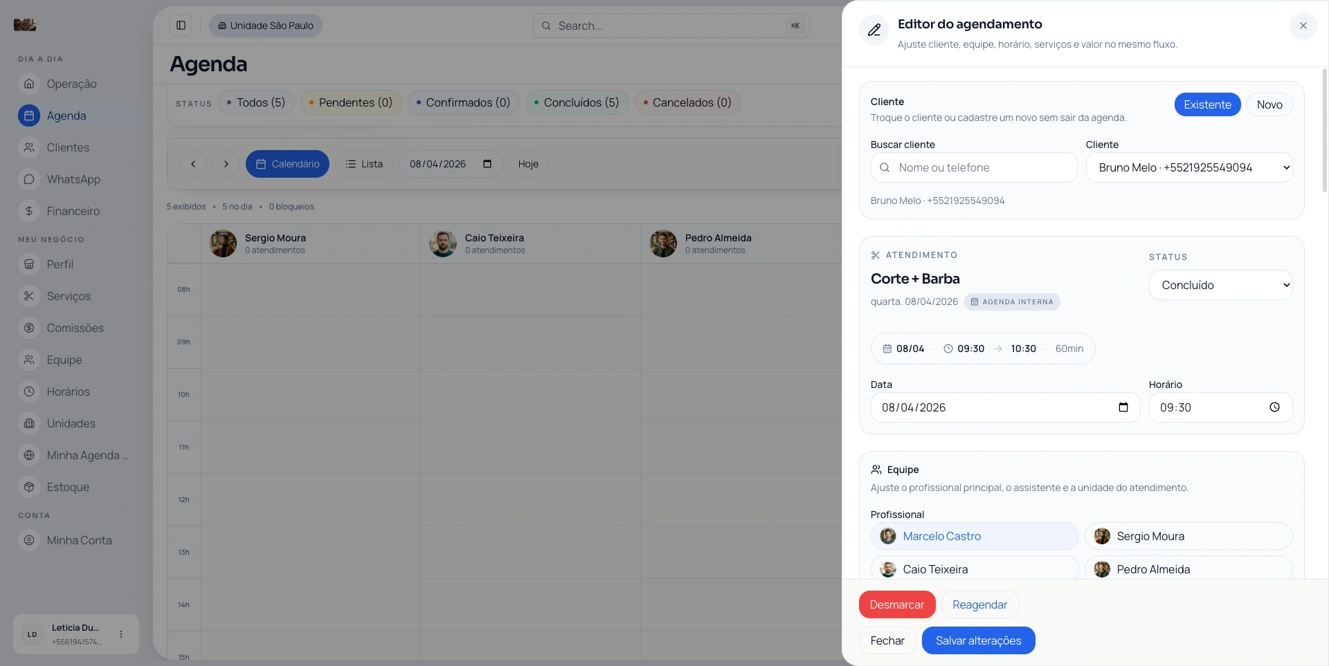 Editor de agenda do Opero com visão operacional detalhada para organizar o salão.