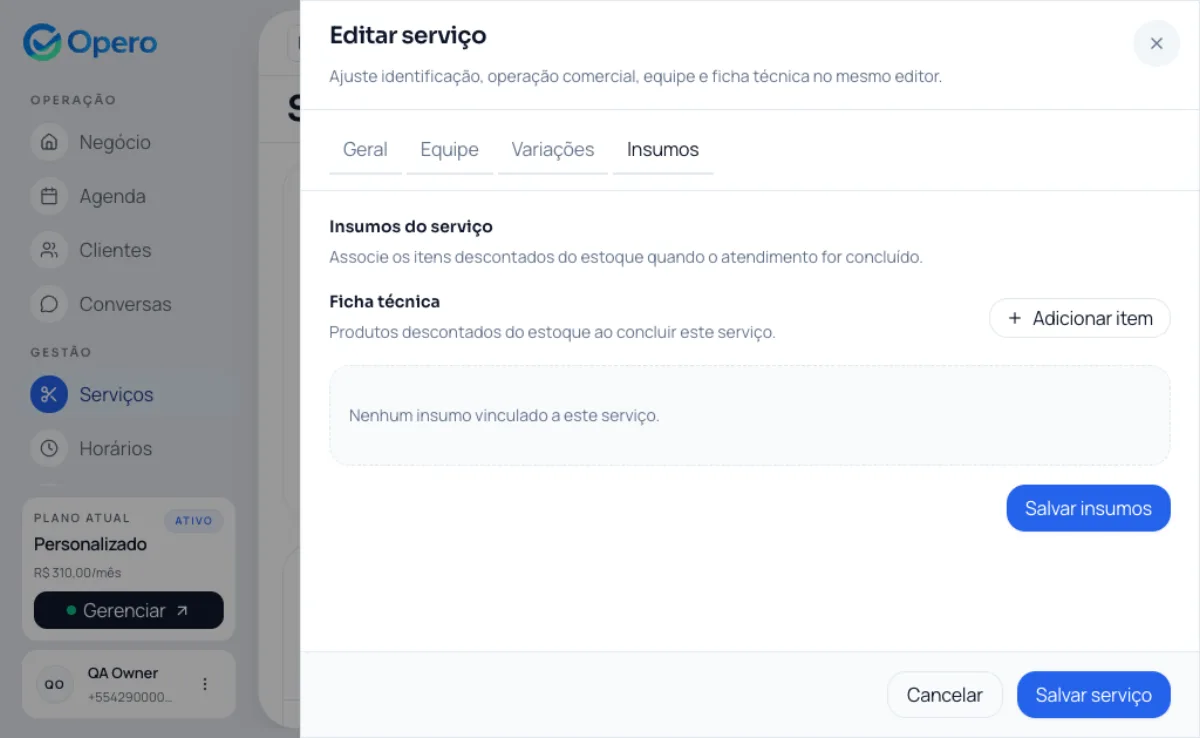 Editor de serviço e ficha técnica no painel do Opero para organizar a operação da clínica.