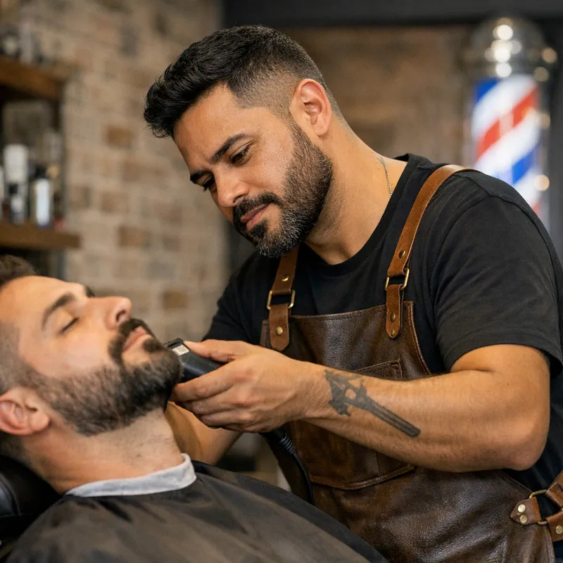 Barbeiro aparando a barba de um cliente na barbearia