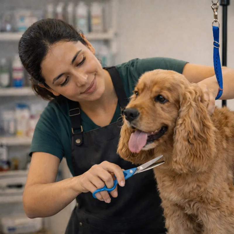 Profissional de banho e tosa cuidando de um pet