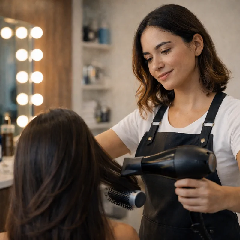 Cabeleireira escovando o cabelo de uma cliente no salão