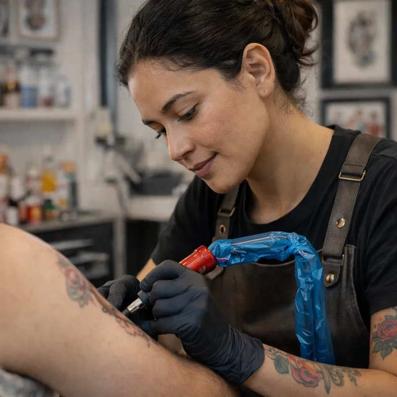 Tatuador trabalhando em uma sessão no estúdio
