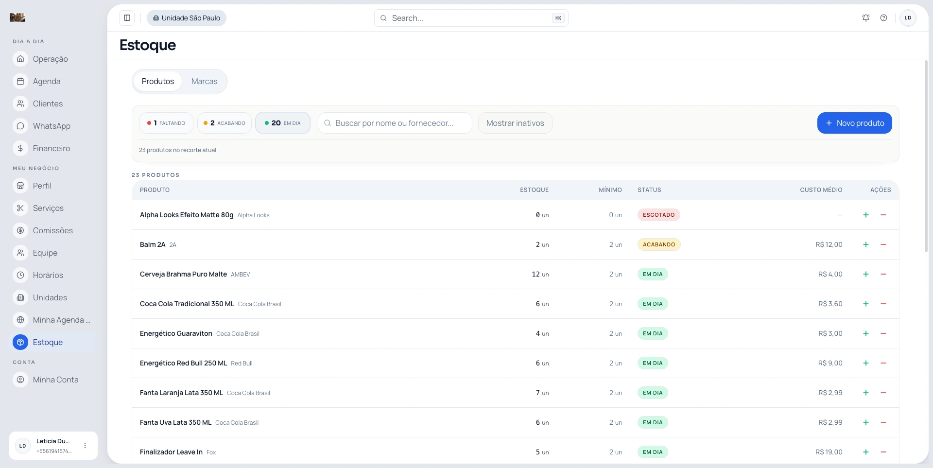 Controle de estoque do Opero com visão operacional para produtos e itens da rotina.
