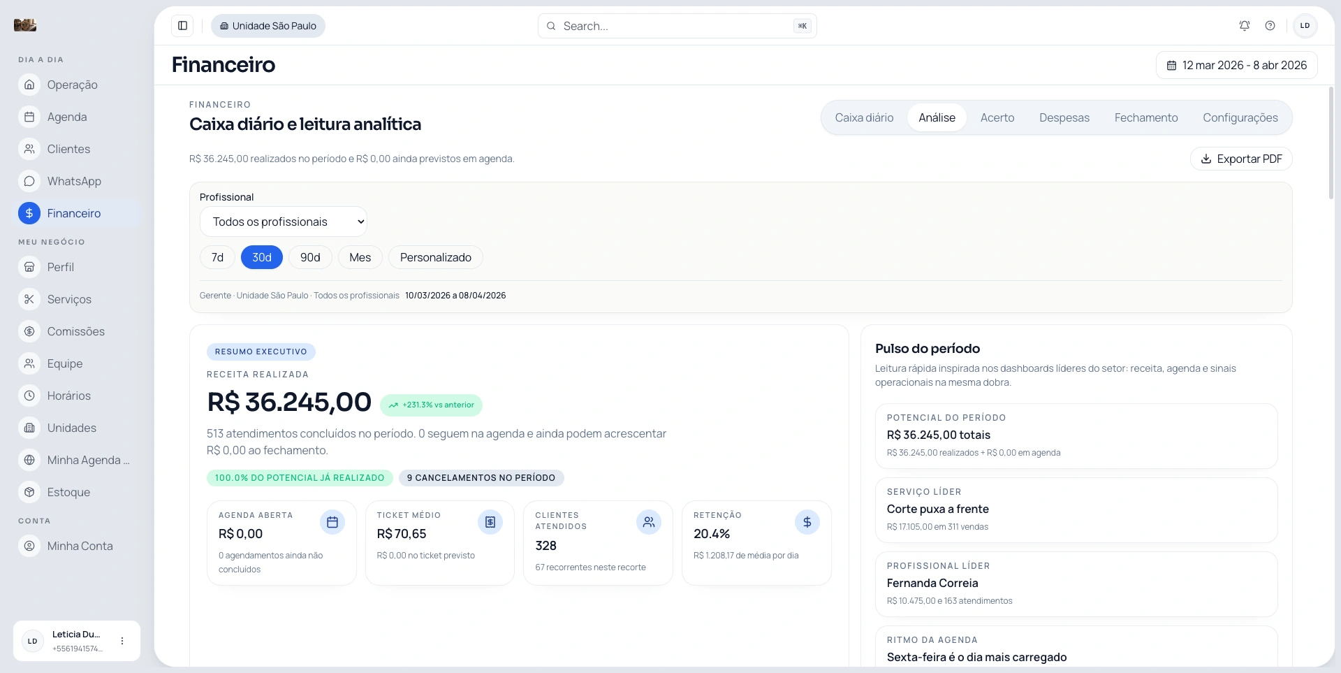 Tela financeira do Opero mostrando visão operacional para caixa e repasse.