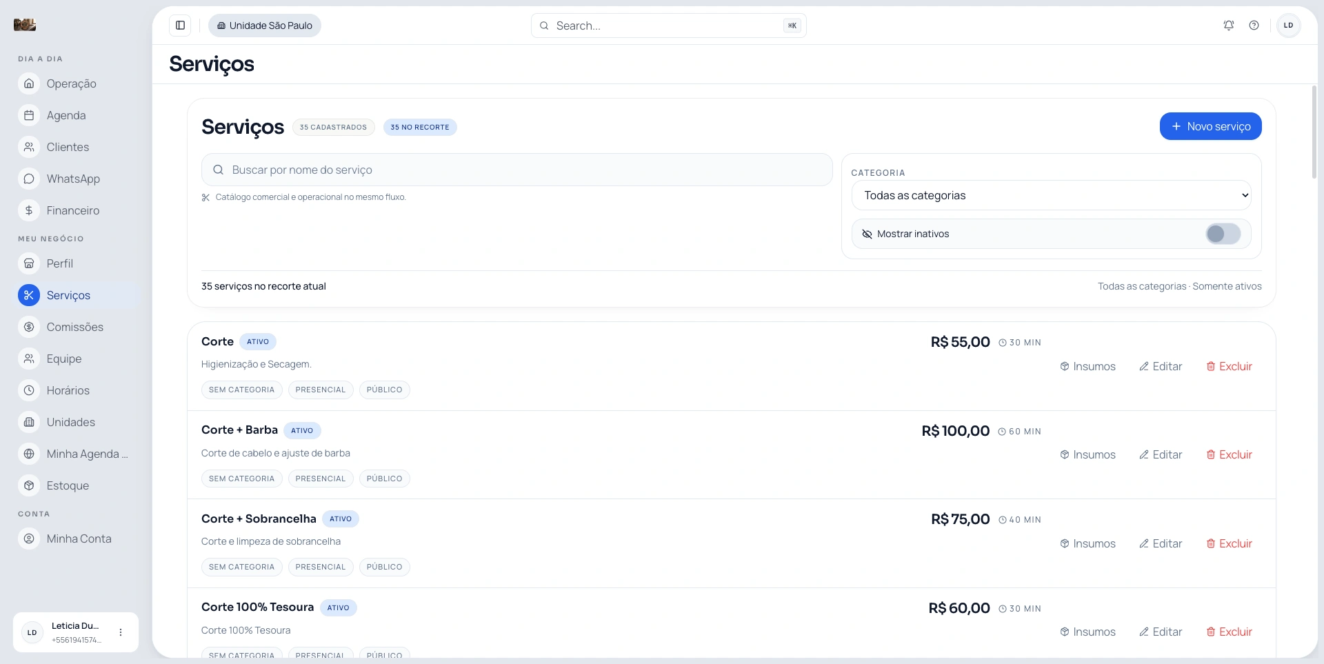 Tela de serviços do Opero com estrutura operacional do catálogo do salão.