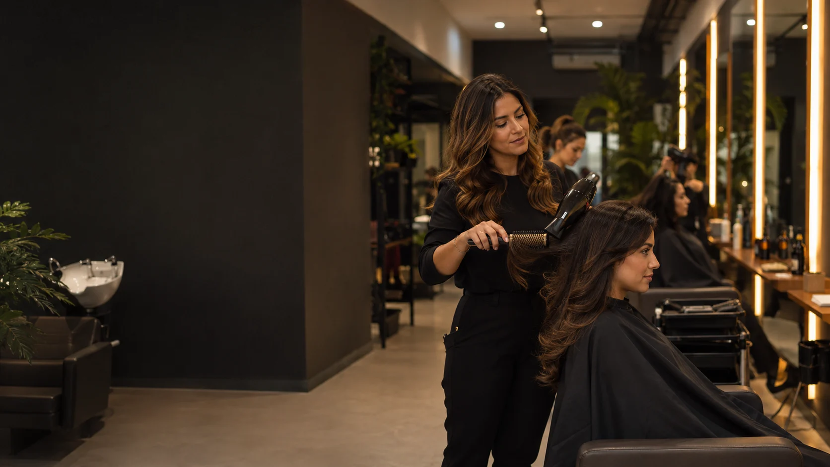 Profissional de beleza atendendo cliente com agenda cheia