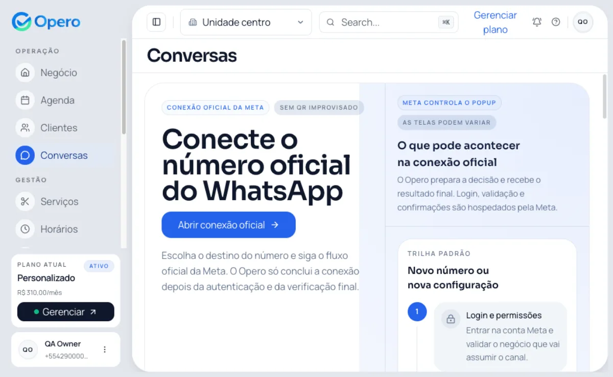 Painel de conversas do Opero com visual editorial do fluxo de WhatsApp oficial.