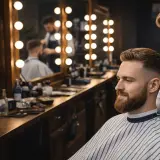 Barbeiro finalizando corte com máquina em cadeira de barbearia clássica