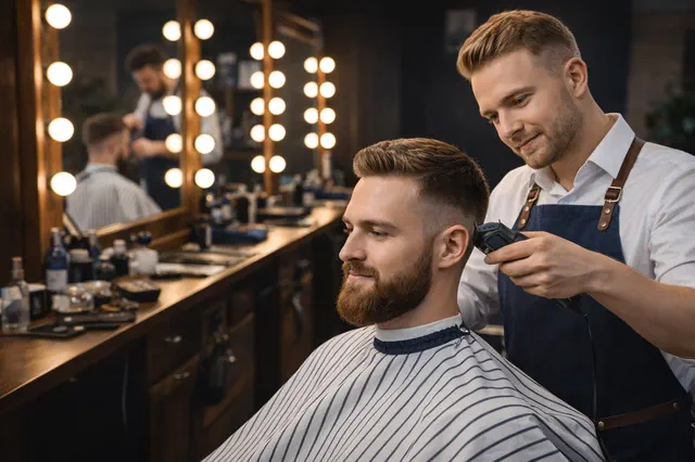 Barbeiro finalizando corte com máquina em cadeira de barbearia clássica