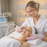 Esteticista aplicando tratamento facial em cabine de clínica de estética
