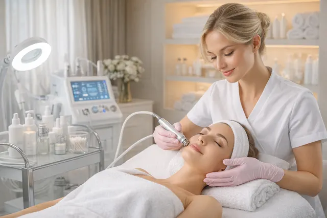 Esteticista aplicando tratamento facial em cabine de clínica de estética