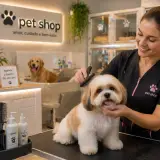 Tosadora escovando shih-tzu em balcão de pet shop