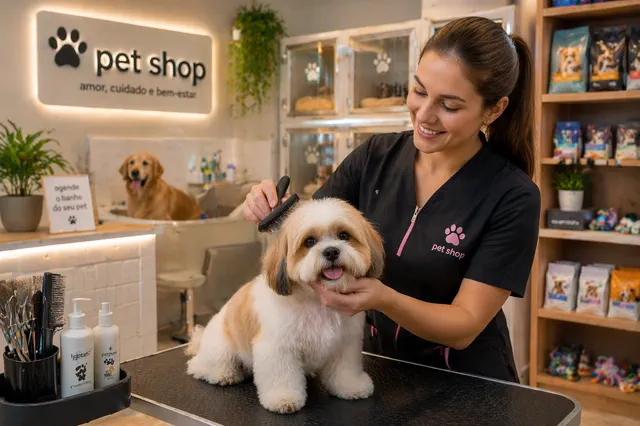 Tosadora escovando shih-tzu em balcão de pet shop