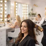 Cabeleireira finalizando escova em cliente diante de espelho iluminado