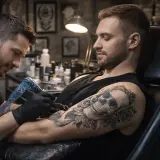 Tatuador trabalhando em desenho no braço de cliente em estúdio