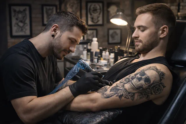 Tatuador trabalhando em desenho no braço de cliente em estúdio