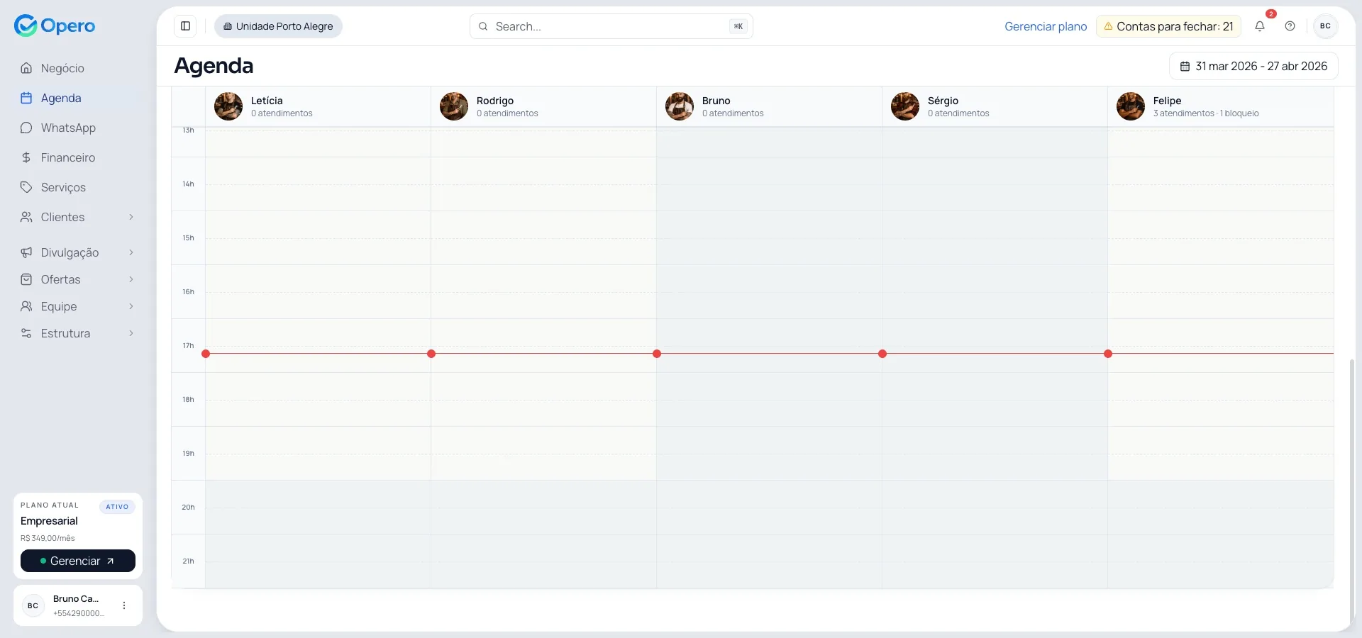 Agenda visual do Opero com colunas por profissional e bloqueios