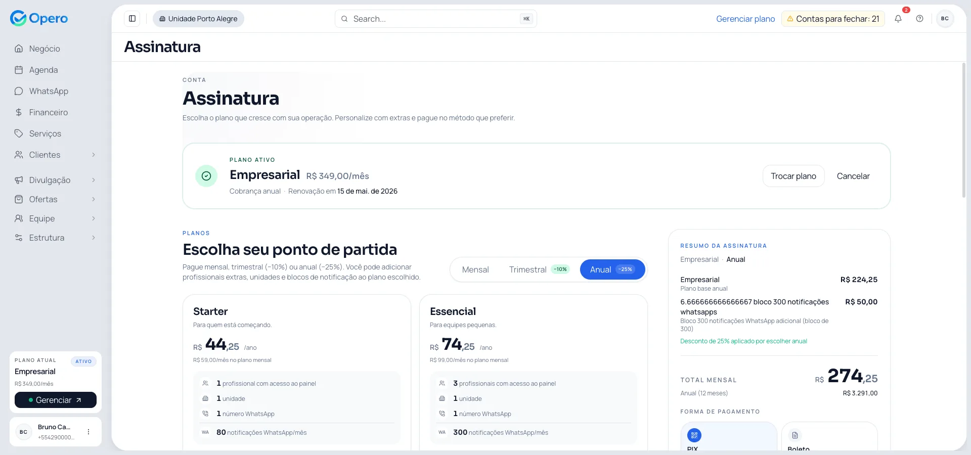 Tela de assinatura do Opero com escolha de plano