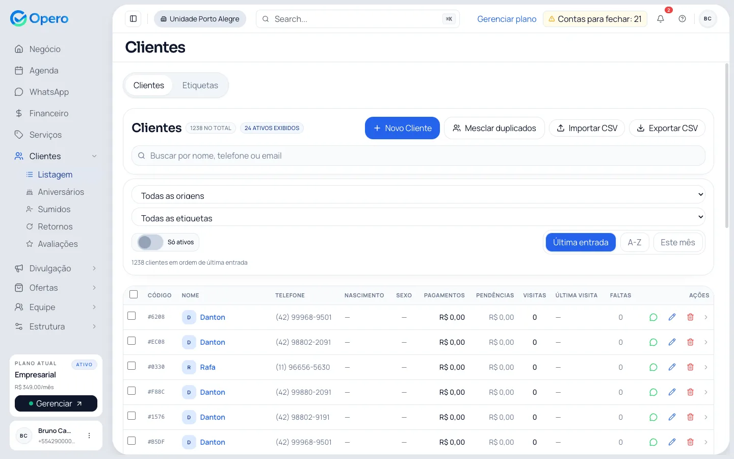 Listagem de clientes do Opero com ticket médio e visitas
