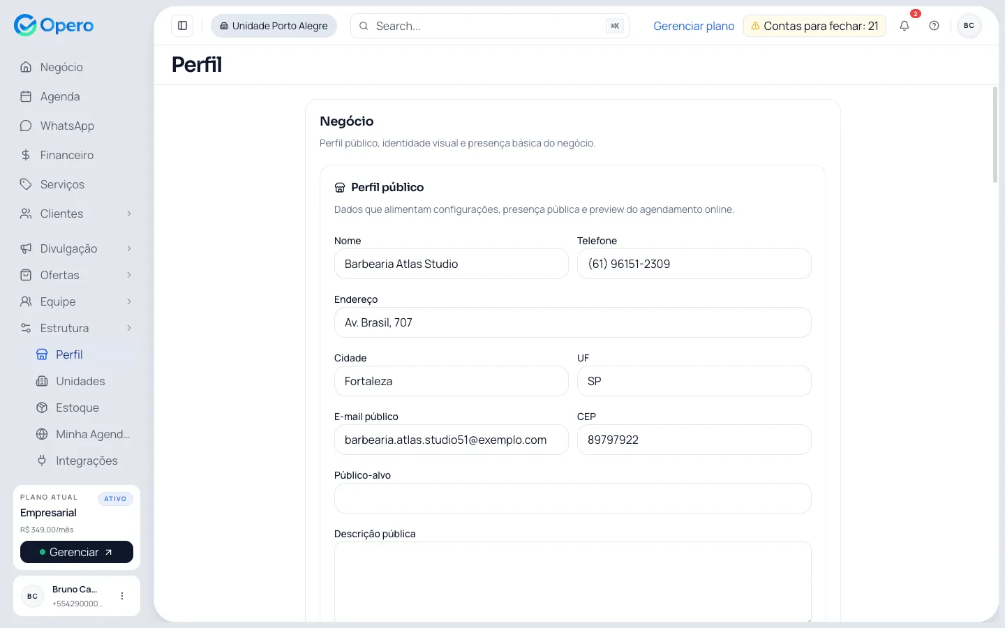 Configurações do negócio no Opero