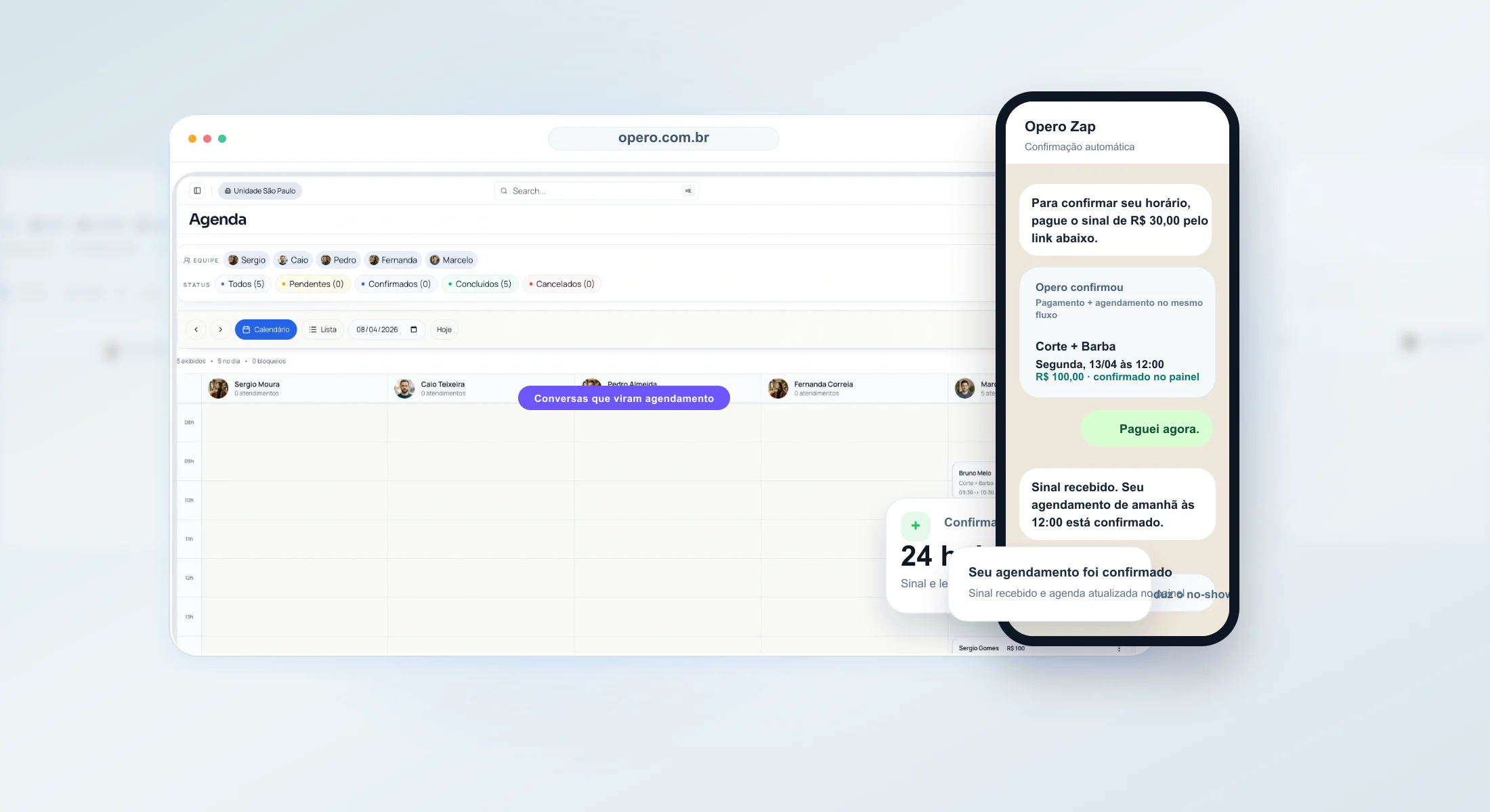 Agenda Opero com confirmações no WhatsApp e sinal processado no mesmo fluxo