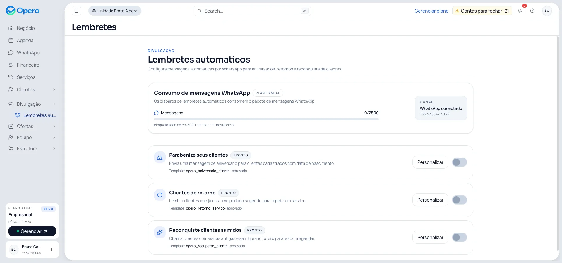 Painel de lembretes automáticos do Opero