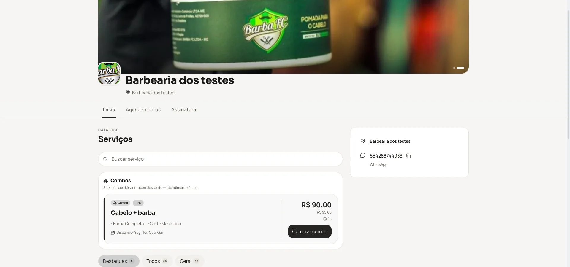 Página pública de agendamento online do Opero onde o cliente escolhe serviço e horário