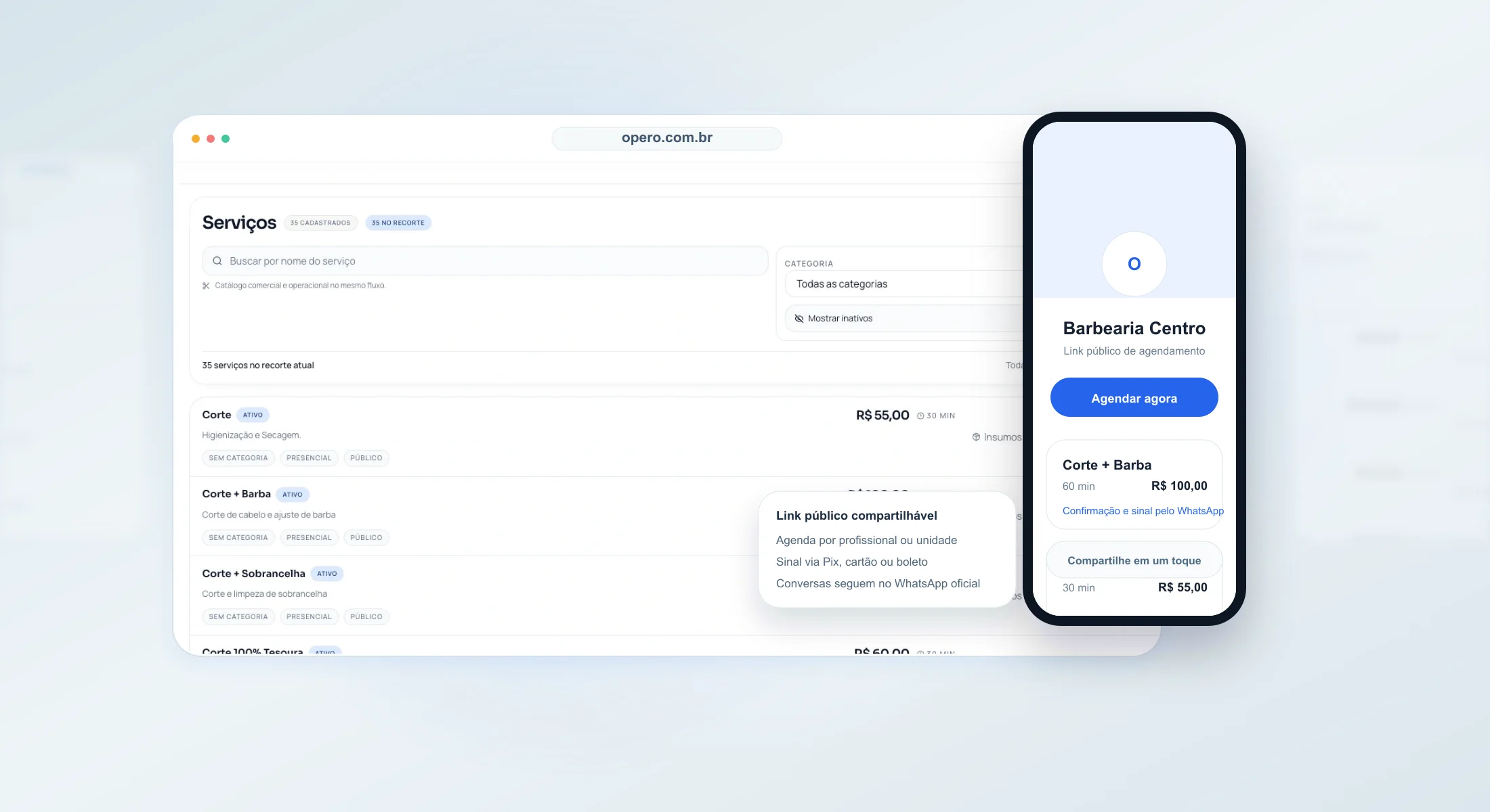 Link público de agendamento com ficha mobile e continuação da conversa no WhatsApp oficial