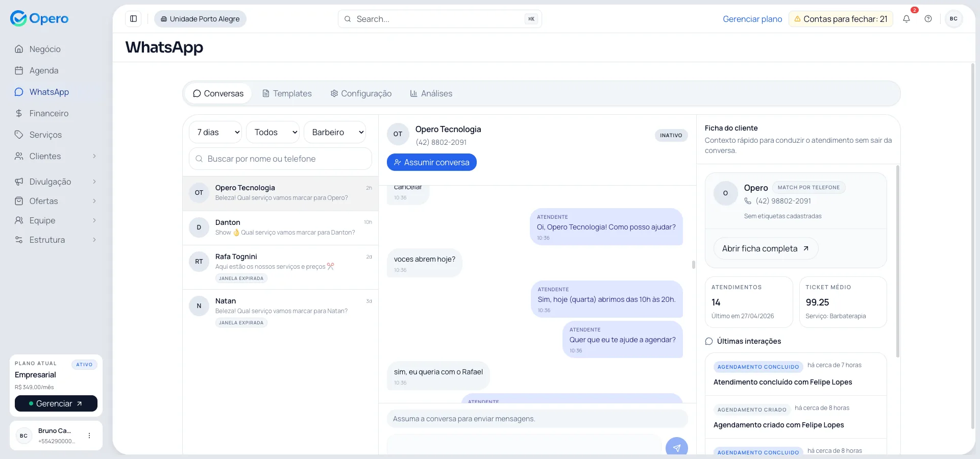 Painel WhatsApp do Opero com conversa do bot e ficha do cliente