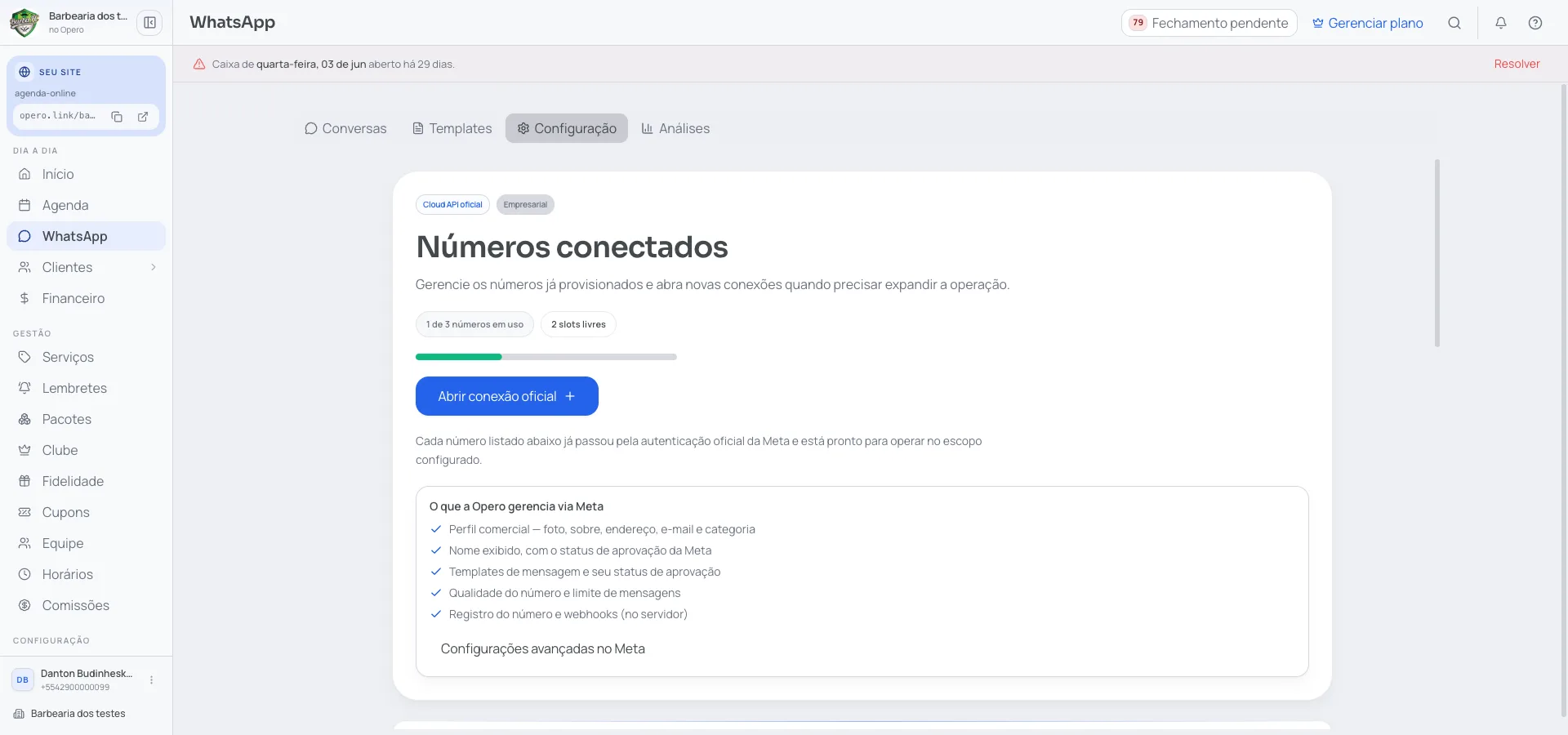 Painel do WhatsApp operacional do Opero com conversa automática e confirmação de agendamento