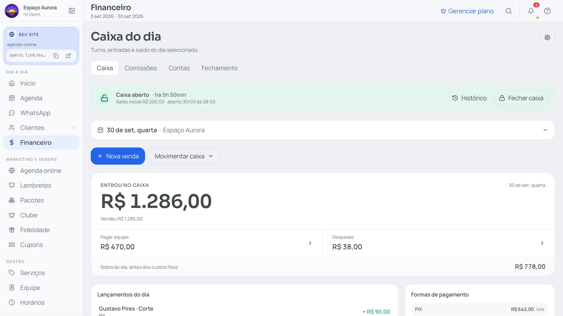 Caixa do dia no Opero: caixa aberto, R$ 1.286,00 de entradas, valor a pagar à equipe e despesas