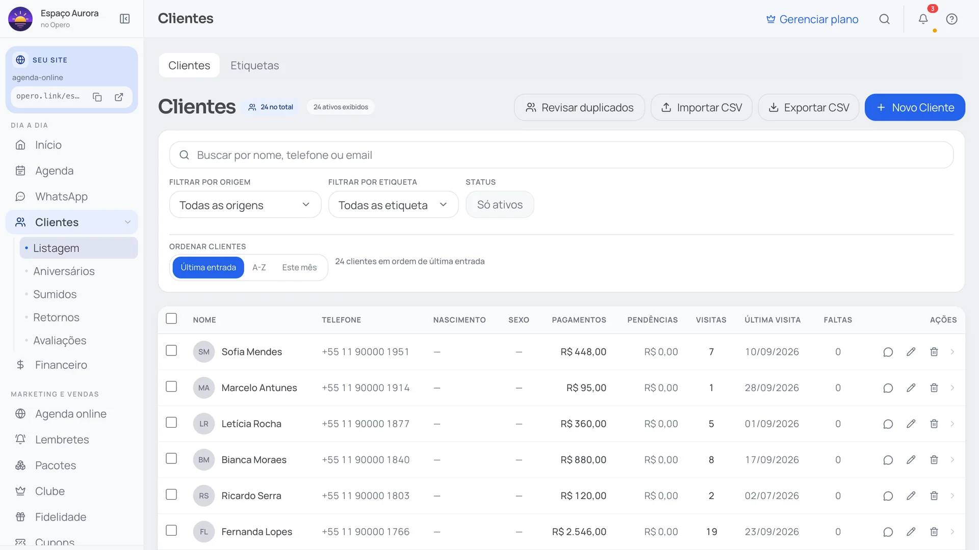 Lista de clientes do Opero com visitas, última entrada e valores por cliente